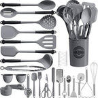 Kikcoin 43Pcs Large Kitchen Utensils Set - Silicone Cooking Utensils Set, Dishwasher Safe Spatula Set for Non-stick Cookware, 446°F Heat Resistant Kitchen Utensils Set with Holder BPA Free, Grey