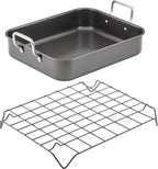 Rachael Ray Bakeware Nonstick Roaster/Roasting Pan with Reversible Rack, 16.5 Inch x 13.5 Inch, Gray