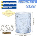 Qinyoung 100 Plastic Vintage Drinking Glasses 8.5oz Stemless Retro Embossed Wine Glasses Shatterproof Reusable Cups for Baby Shower Wedding Reception Grand Event Party (Blue)