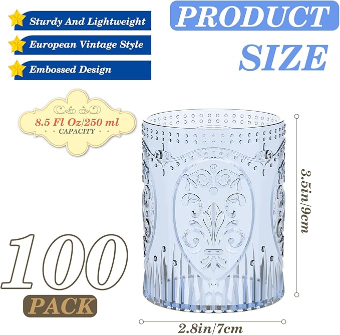 Qinyoung 100 Plastic Vintage Drinking Glasses 8.5oz Stemless Retro Embossed Wine Glasses Shatterproof Reusable Cups for Baby Shower Wedding Reception Grand Event Party (Blue)