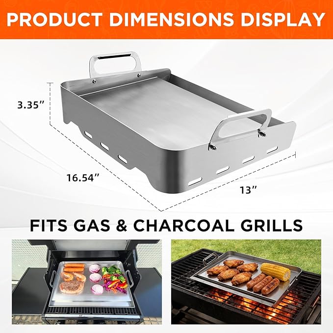 16" x 13" Stainless Steel Flat Top Griddle for Gas & Charcoal Grills, Universal Design for Outdoor & Home Cooking, with Grease Groove & Removable Handle, Ideal for Tailgating & Backyard Parties