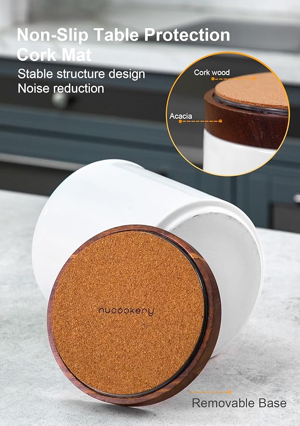 Nucookery 360° Rotating Utensil Holder, 7.2" Large Utensil Crock, White Ceramic Cooking Utensil Organizer with Countertop-Protection Cork Bottom for Farmhouse Kitchen Decor Christmas Gift (White)