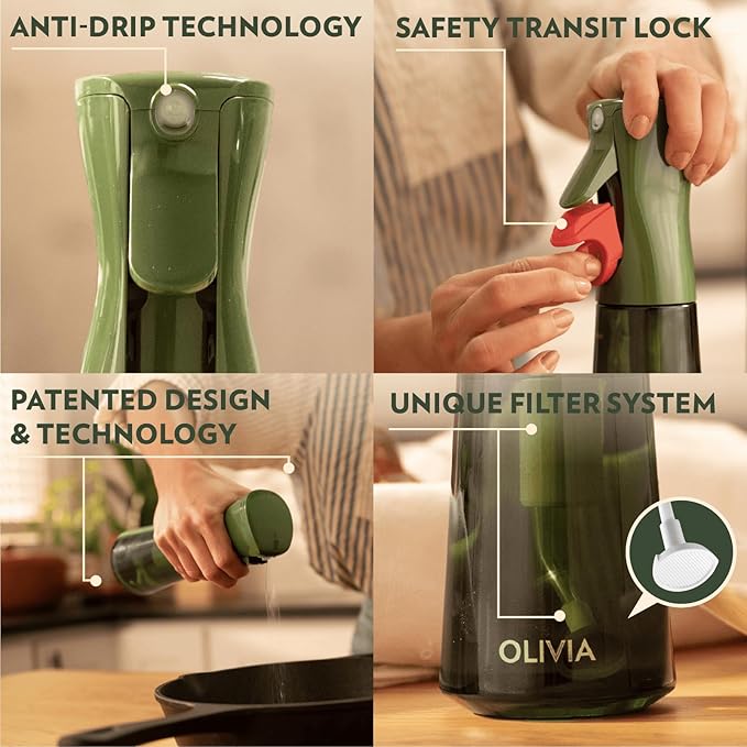 FLAIROSOL OLIVIA SIGNATURE Advanced Kitchen Oil Sprayer Technology, Fine Mist & Portion Control, Refillable Glass Olive Oil Cooking Spray Bottle for Air Fryer, Salad, BBQ, 2 Pack 200ml (Green)