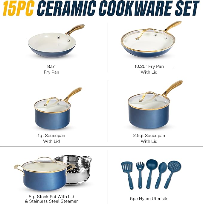 Gotham Steel 15 Pc Ceramic Pots and Pans Set Non Stick, Kitchen Cookware Sets, Pot and Pan Set, Ceramic Cookware Set, Non Toxic Cookware Set, Non Stick Pots and Pan Set, Dishwasher Safe - Navy