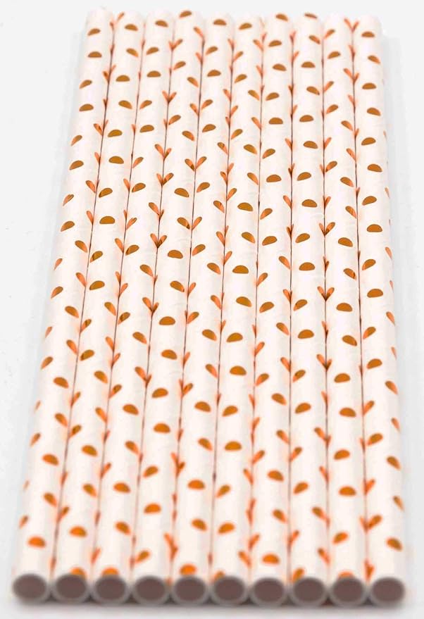Pack of 150 Rose Gold Polka Dot Foil Biodegradable 4-Ply Paper Drinking Straws (Compostable, Non-toxic, BPA-free)