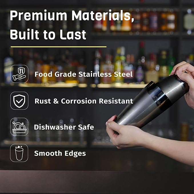 Professional Cocktail Shaker Set, 4-Piece Bar Set, Ideal Bartender Kit with Stainless Steel Boston Shaker, Jigger, Bar Spoon & Hawthorne Strainer, Dishwasher-Safe Bar Tools Set, Black