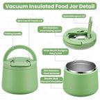 14oz Insulated Vacuum Food Jar with Buckle Lid,Soup Thermo for Hot Food Kids,Wide Mouth Leakproof Stainless Steel Lunch Container with Spoon-Green