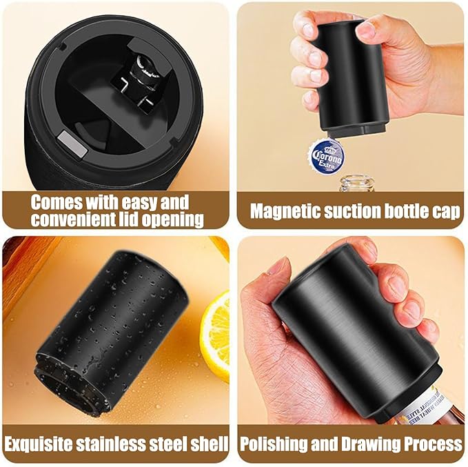 Automatic Bottle Opener Destapadores de Cerveza, Down-Pop Off Beer Bottle Openers with Magnetic Cap Catcher, Home Bars Kitchen Cool Bartender Tools, Men Bottle Cap Opener Gift（Black）