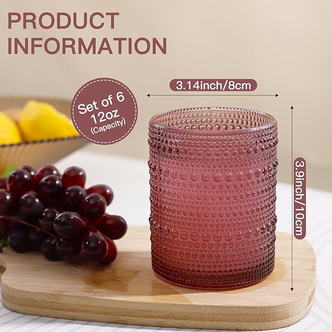 JOVGANK Colored Vintage Hobnail Drinking Glasses Set of 6, Embossed Water Tumbler 12oz, Kitchen & Bar Beaded Glass Cups, Beverage Glass Cups for Water, Beer, Juice, Housewarming and Mother's Day Gift