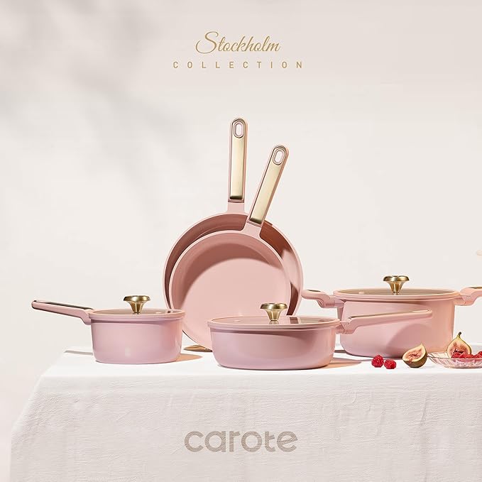 CAROTE Ceramic Cookware Set Nonstick, 14pcs Pots and Pans Set Nonstick, Non-Toxic & PFAS-Free, Dishwasher, RV/Camping Cookware Set, Cooking Pots with Lids, Pink Blush