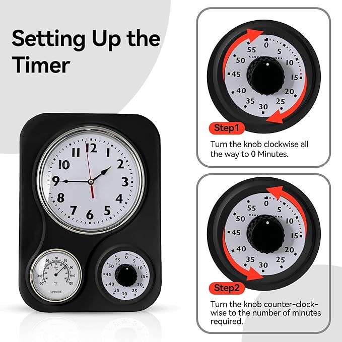 Lily's Home - 9.5 Inch x 12.5 Inch - Retro Kitchen Wall Clock, Vintage Wall Clock with a Thermometer and 60-Minute Timer, Ideal for Any Kitchen, Office, or Diner (Black)