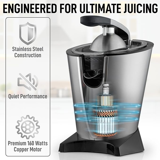 Zulay Electric Citrus Juicer - Makes Fresh Orange, Lemon, Grapefruit, Lime Juice - Stainless Steel, 160W Powerful & Quiet, Interchangeable Cones -Filters Out Seeds & Pulp- Dishwasher Safe Parts- Black