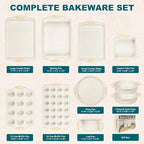 10-Piece Nonstick Baking Pans Set, Stackable Non-Toxic Bakeware Sets with Silicone Handle, Oven Pan Set for Cooking, Includes Easy Release Cookie Sheet, Roasting Pan, Muffin Tin (Cream)
