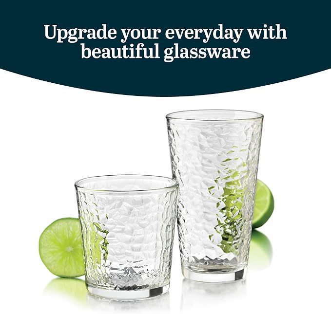 Libbey Yucatan Tumbler and Rock Drinking Glasses Set, Textured 16 Piece Glassware Set, All Purpose Glass Cups for Events and Everyday Use