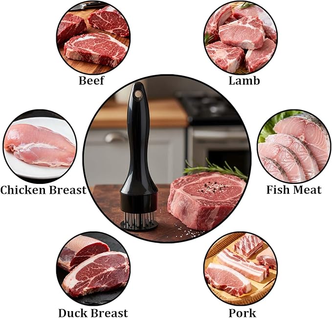 1 Pcs Black Sharp Meat Tenderizer, Stainless Steel Needle Blades Meat Tenderizer, Professional Kitchen Gadgets for BBQ/Marinade/Steak/Beef/Poultry