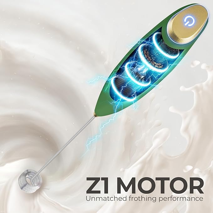 Zulay Kitchen Patented Tornado Triple Whisk Milk Frother with 4 Duracell Batteries – Handheld Foam Maker for Coffee, Lattes, Matcha & Hot Chocolate – Rich, Creamy Froth in Seconds - Olive & Gold