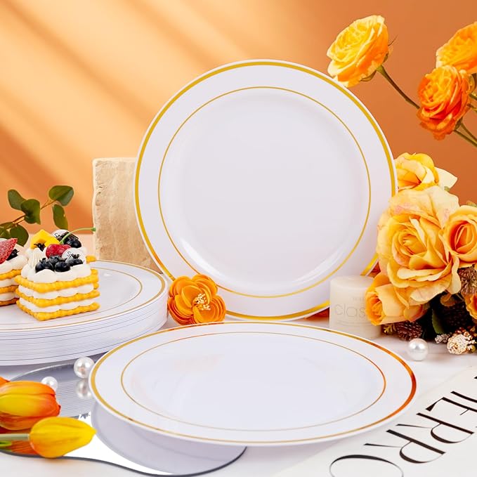 bUCLA 30PCS White and Gold Plastic Dinner Plates Disposable - 10.25inch Premium White Gold Rim Plates, Ideal for Wedding, Party & Thanksgiving