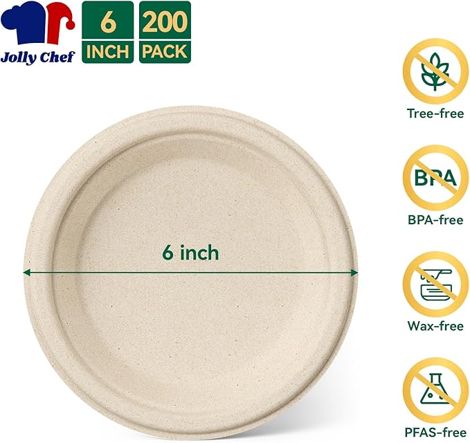 JOLLY CHEF 100% Compostable Small Paper Plates, 200 Pack 6 Inch Heavy Duty Dessert Plates, Disposable Biodegradable Eco-Friendly Sugarcane, Bulk Nature