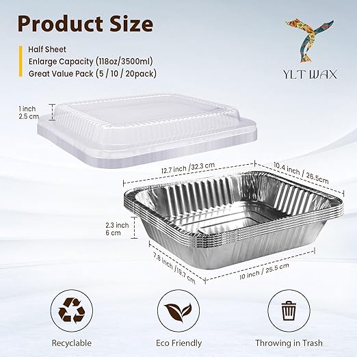 YLT WAX 9x13 Aluminum Pans with Lids, 20 Pack Disposable Foil Pan with Clear Lid, Half Size Deep Extra Heavy Duty Food Containers for Baking, Cooking, Roasting, Heating or Steam Table