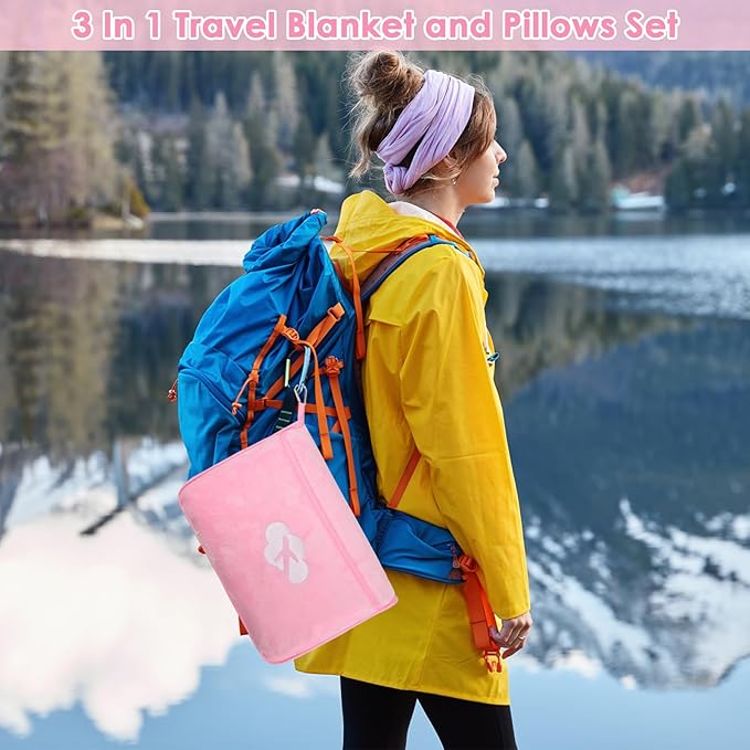 Blanket Pillow for Airplane Travel Essentials - 3 In 1 Travel Blanket and Pillow Set for Women Gifts, Plane Compact with Bag for Long Flight, International Traveler Must Haves Flying Accessories（Pink）