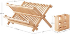 HBlife Dish Rack, Bamboo Folding 2-Tier Collapsible Drainer Dish Drying Rack with Utensils Flatware Holder Set (Dish Rack with Utensil Holder)