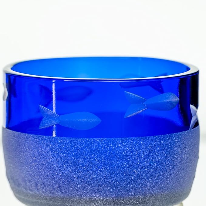 Rolf Glass School of Fish Twice Around Blue Pitcher and Mini Sipper | 13oz Recycled Glass Pitcher & 2” Mini Sipper | Tequila Tasting | Made From Recycled Bottles | Engraved in USA | 2pc + Gift Box Set