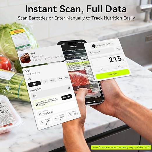 Ultrean Smart Food Scale with Nutritional Calculator, Kitchen Scale for Weight Loss, Food Weight Scale with App for Calorie & Macro Tracking, AI Scan, 33lb