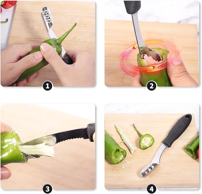Jalapeno Pepper Corer & Zucchini/Cucumber Corer, Set of 2, Newness Stainless Steel Core Deseeder Kitchen Tool with Serrated Slice and Rubber Handle, Easy for Seed Remover or Slice off Vegetables tops