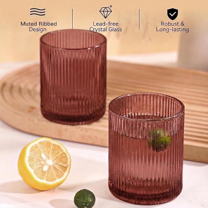 Physkoa Rose Red Ribbed Drinking Glasses Set of 6 – 9oz Vintage Red Glassware, Embossed Ribbed Tumbler Cups for Juice, Cocktail, Water, Iced Coffee