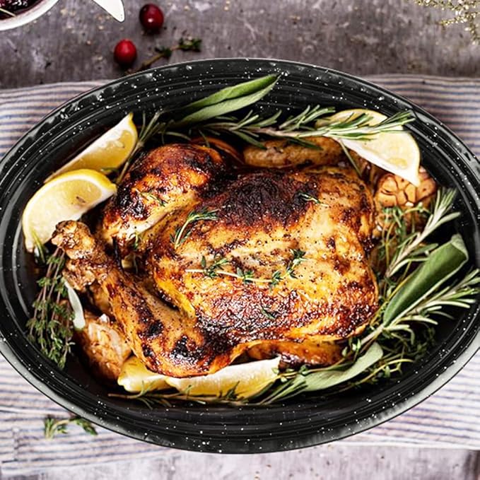 Granite Roasting Pan, 18” Enameled Roasting Pan with Domed Lid. Oval Turkey Roaster Pot, Broiler Pan Great for Turkey, Chicken, Lamb, Vegetable. Dishwasher Safe Cookware Fit for 18Lb Turkey by Kendane