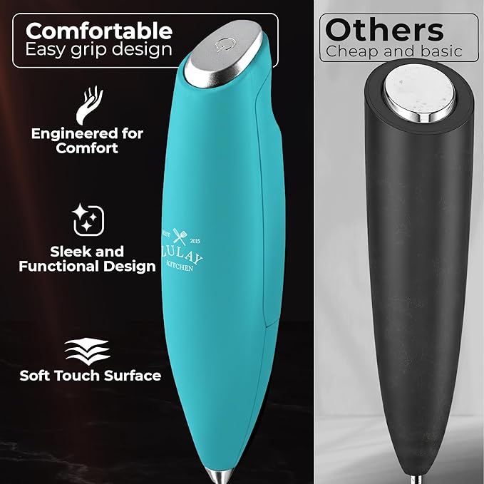 Zulay Kitchen Patented Tornado Triple Whisk Milk Frother with 4 Duracell Batteries – Handheld Foam Maker for Coffee, Lattes, Matcha & Hot Chocolate – Rich, Creamy Froth in Seconds - Teal Blue