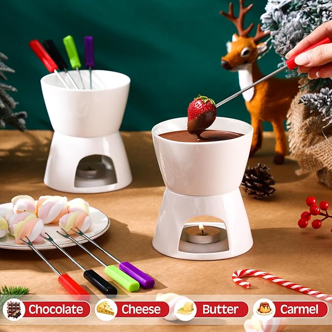 Mudder 6 Pieces Fondue Mug Ceramic Pot and 24 Pieces Forks Set for Melting Chocolate, Cheese, Broth or Tapas on Christmas Gift Valentine's Day(White)