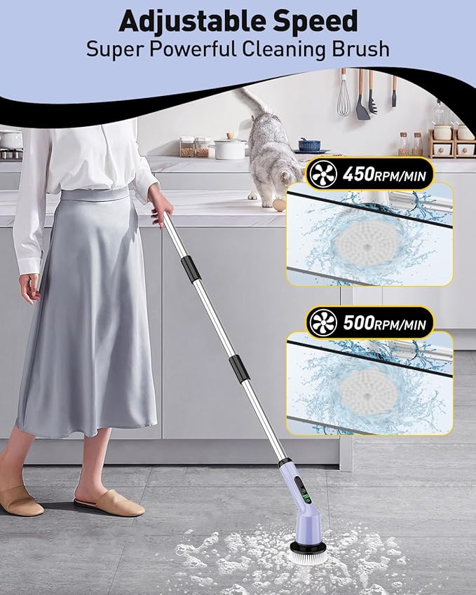 Electric Spin Scrubber for Cleaning Bathroom, Shower Scrubber Cordless Cleaning Brush with IPX7 Waterproof & 2 Speed, 3 Brush Heads, Bathroom Cleaning Supplies for Shower Tub Tile Toilet Purple
