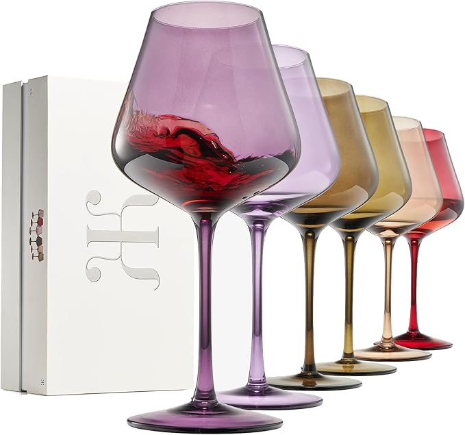 Khen Colored Crystal Wine Glass Set of 6, Large 20 OZ Glasses, Fall Leaves Terracotta Bright Italian Style Tall Stemmed Drinkware Red & White Wine, Water Dinner Glasses, Color Glassware Stemmed