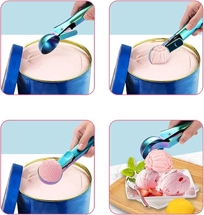 Ice Cream Scoop, 2Pcs Stainless Steel Silver Cookie Scoop with Trigger Melon Baller Scooper Cones, Specialty Tools and Gadgets, Ice Cream Spoon Food Scoop for Frozen Yogurt Sundaes Fruit Cookie