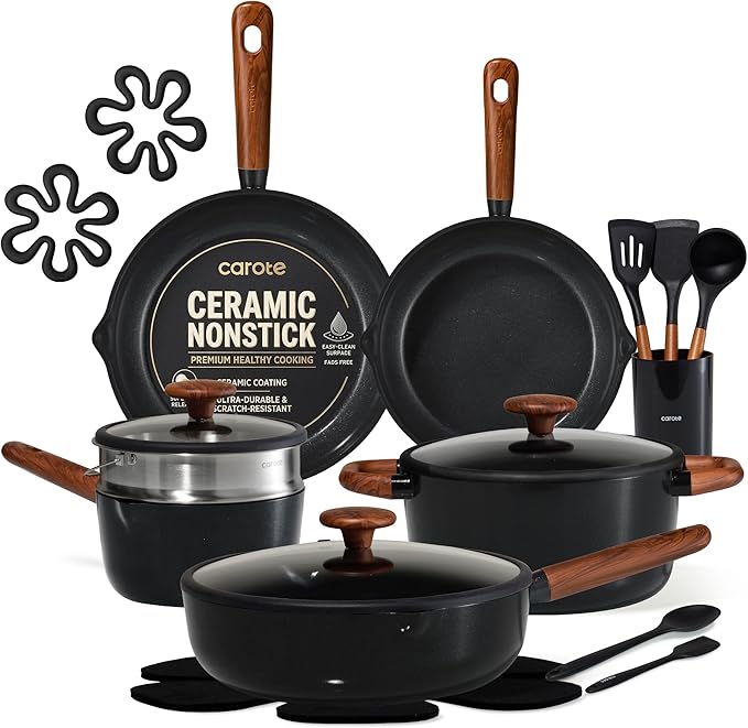 CAROTE 21pcs Cookware Set Nonstick Pots and Pans Set, Ceramic Cookware Set Induction Cookware, Non toxic Healthy Non Stick Kitchen Cooking Set, PFAS PTFE Free, Black
