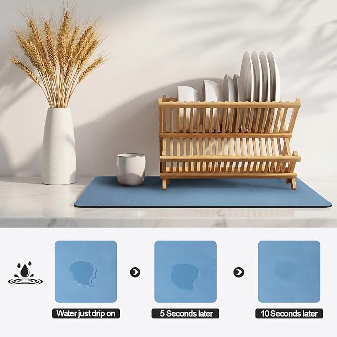 Ecotrim - Dish Drying Mat for Kitchen Counter | Coffee Bar Mat for Countertops | Heat Resistant Drainer Mat with Non-slip Rubber Backed | Hide Stain Kitchen Absorbent Draining Mat | Blue 18"x24"