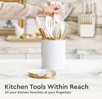 White Utensil Holder with Built-In Ceramic Spoon Rest - 2-Piece Luxe White and Gold Spatula Holder with Gold Spoon Rest for Countertop Organization - Stylish Kitchen Accessory, Utensils Not Included