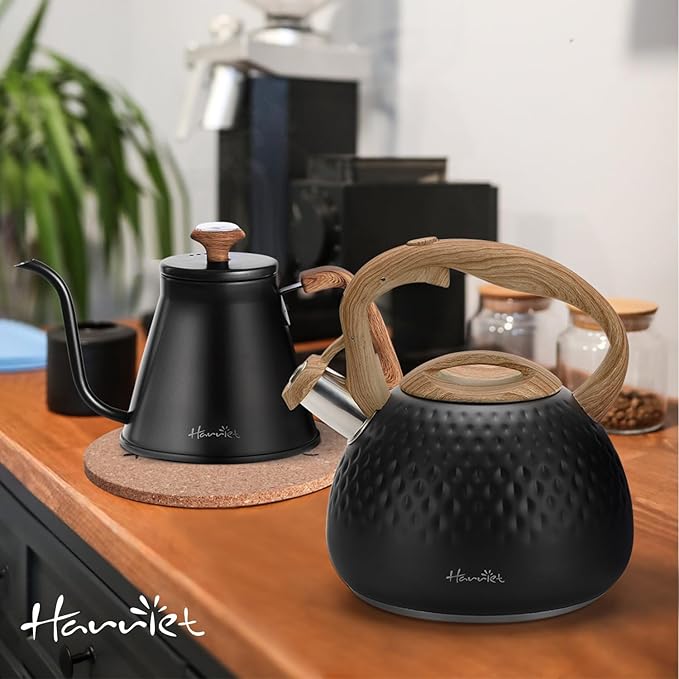 harriet Tea Kettle, Tea Pot for Stovetop, 2.5QT Whistling Kettle with 5-Layers bottom, Food Grade Stainless Steel Kettles with Hot-Resistant Handle Gas Electric Applicable, Black