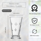 French Bee Highball Glasses | Set Of 6 | Clear Drinking Glass 13 OZ, Old Fashioned Glasses with Bees Embossed Design, Fine Crystal French Glassware, Drinking Glasses, Heavy Water & Juice Glasses Gift