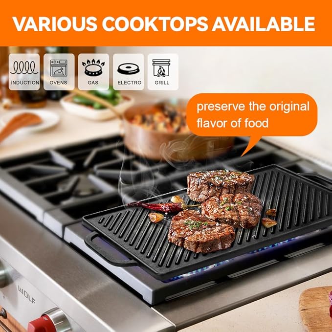 GGC Cast Iron Reversible Griddle, Double-sided Griddle Pan for Indoor and Outdoor Cooking, 15 x 9 Griddle Plate with Flat and Ribbed Side for Stove Tops, Gas Grills and Camping