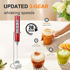 YUSWKO Red Rechargeable Milk Frother for Coffee with Stand, Handheld Drink Mixer with 3 Heads 3 Speeds Electric Stirrers for Latte, Cappuccino, Hot Chocolate, Egg
