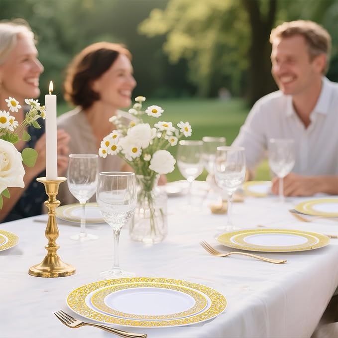 I00000 200 Pcs White and Gold Plastic Plates, Disposable Plastic Plates for 100 Guests Include: 100 Pcs Dinner Plate 10.25” and 100 Pcs Dessert Plate 7.5” Perfect for Party and Wedding