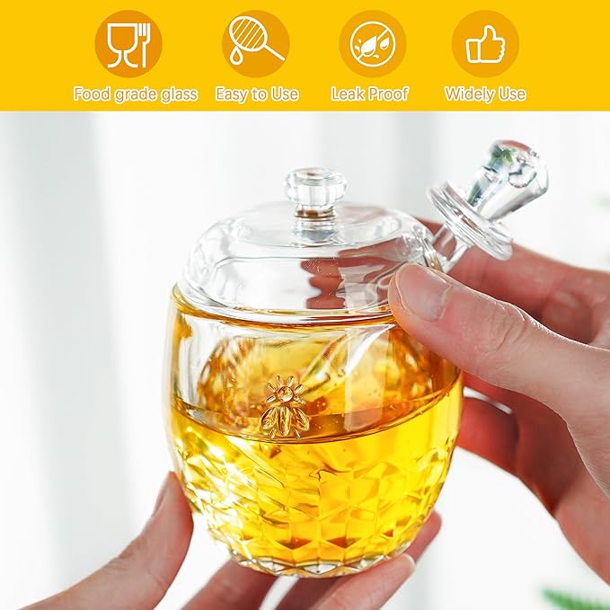 kanpura Honey Pot with Dipper and Lid Glass Honey Jar with Dipper Wide Mouth Honey Containers Airtight Syrup Honey Dispenser for Christmas Home Kitchen(7.5 OZ)