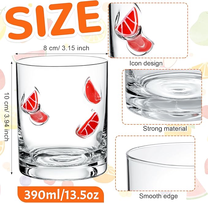 Skylety 2 Pcs Grapefruit Icon Juice Glasses Fruit Drinking Cups Retro Old Fashioned Stemless Wine Glasses 13.5 oz Whiskey Cocktail Coffee Mugs for Summer Holiday Party Gift Decor
