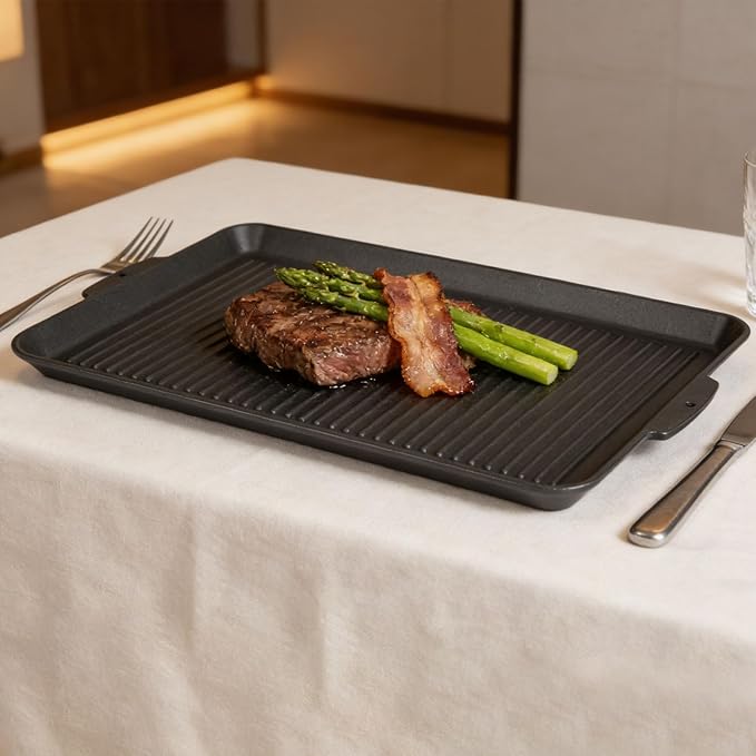 SafBbcue 19 x 11.5 Inch Cast Iron Griddle Pan - Versatile for Stovetop, Oven, Grill & Campfire, Features a Ridged Surface, Suitable for Kitchen and Outdoor Cooking, Pan Frying, Baking