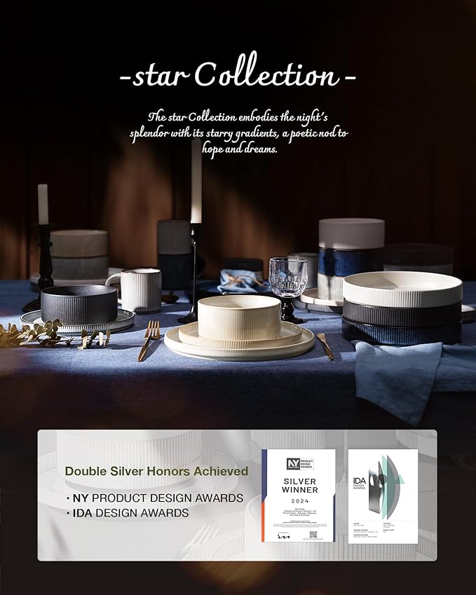 Famiware Star 24-Piece Stoneware Dinnerware Sets with Trim, Service for 6 - Ceramic Mugs, Plates, Bowls, Dishes for Everyday/Party/Formal Use, Chip/Scratch Resistant, Microwave/Dishwasher Safe, White