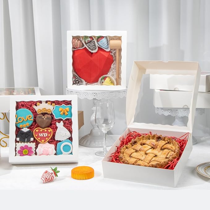 White Bakery Boxes (12pcs, 9x9x2.5 Inches) – For Valentine's & Christmas: Ideal for Cookies, Pie, Chocolate Covered Strawberries, Breakable Heart & Charcuterie