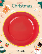 WDF 25PCS Red Plastic Charger Plates - 12inch Red and Gold Chargers for Dinner - Disposable Charge Plates - Perfect for Christmas/Party/Elegant Tabletop Decor