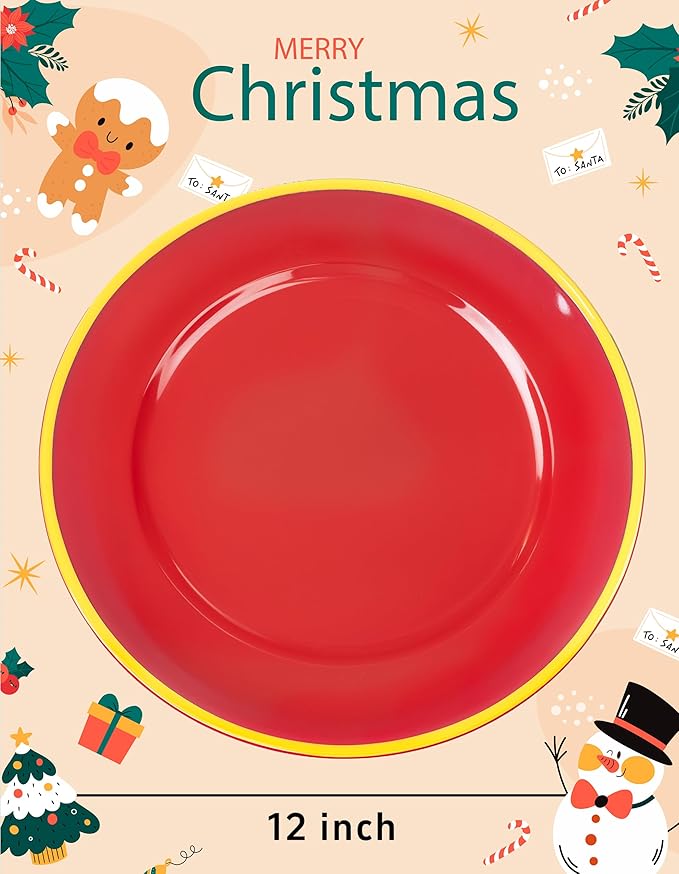 WDF 25PCS Red Plastic Charger Plates - 12inch Red and Gold Chargers for Dinner - Disposable Charge Plates - Perfect for Christmas/Party/Elegant Tabletop Decor